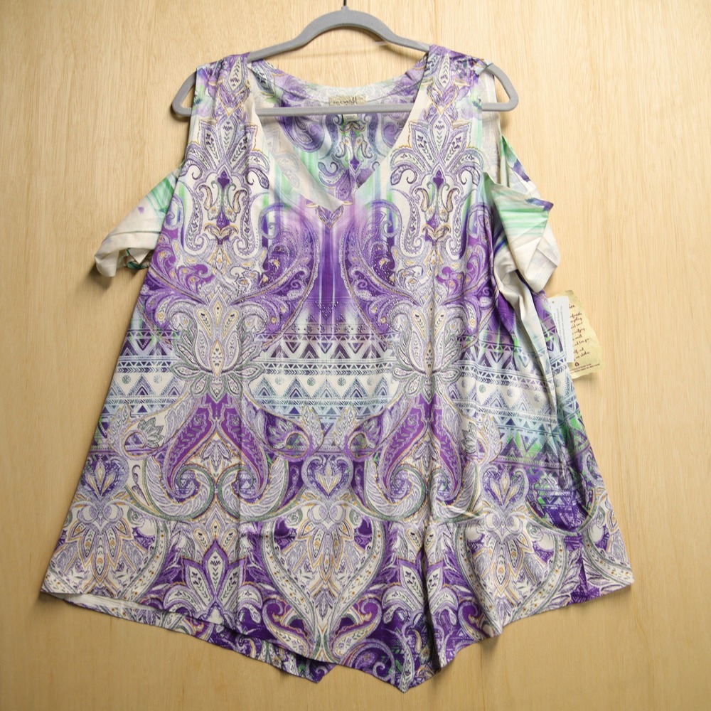 One World Live and Let Live Purple Paisley Cold Shoulder Top 3X Rhinestone NWT